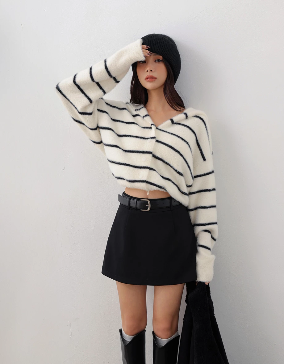 Soft Fluffy V Neck Stripe Button Hooded Cardigan Soft Fluffy V Neck Stripe Button Hooded Cardigan