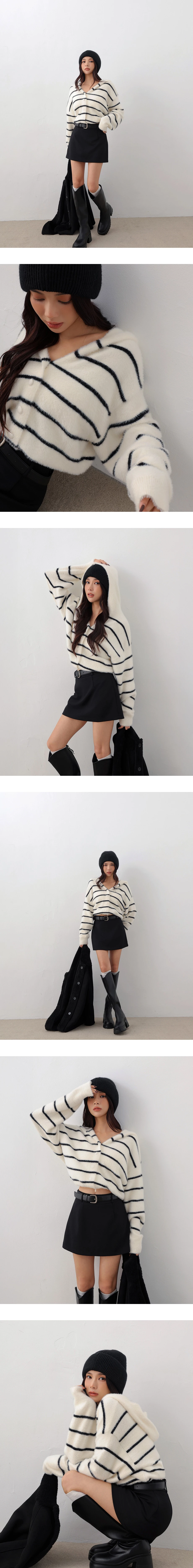 Soft Fluffy V Neck Stripe Button Hooded Cardigan Soft Fluffy V Neck Stripe Button Hooded Cardigan