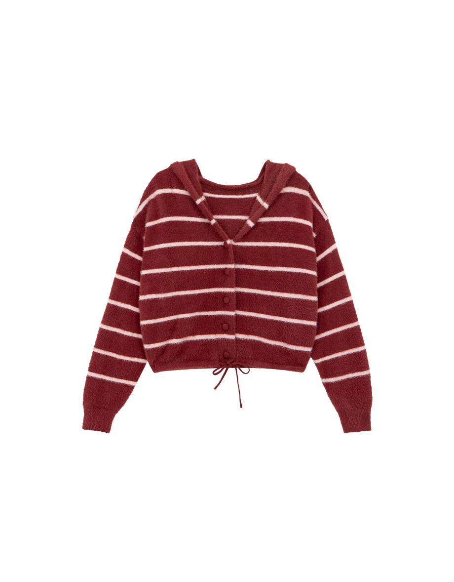 Soft Fluffy V Neck Stripe Button Hooded Cardigan