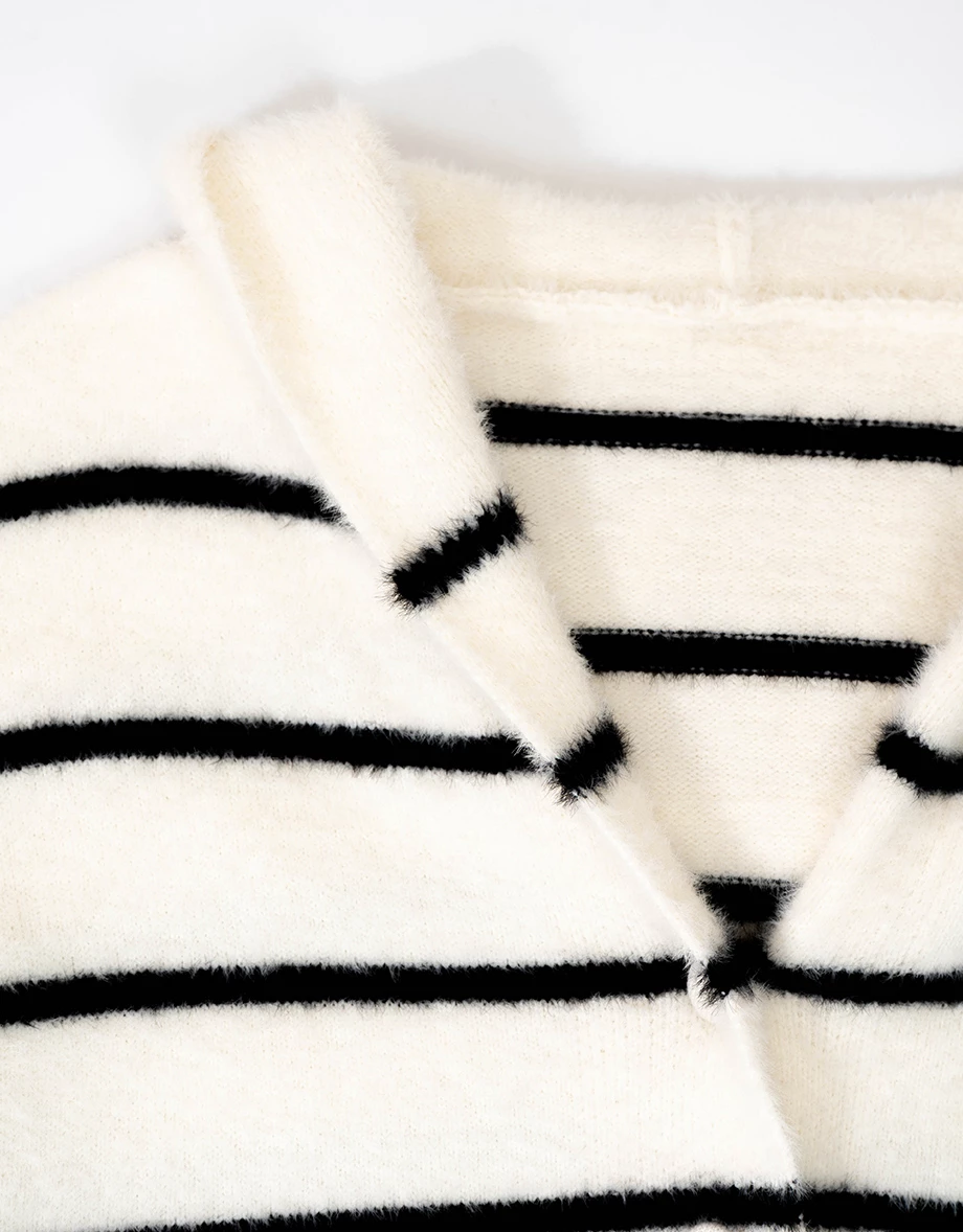 Soft Fluffy V Neck Stripe Button Hooded Cardigan Soft Fluffy V Neck Stripe Button Hooded Cardigan