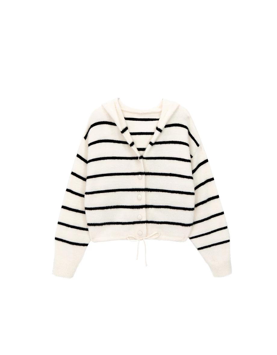 Soft Fluffy V Neck Stripe Button Hooded Cardigan
