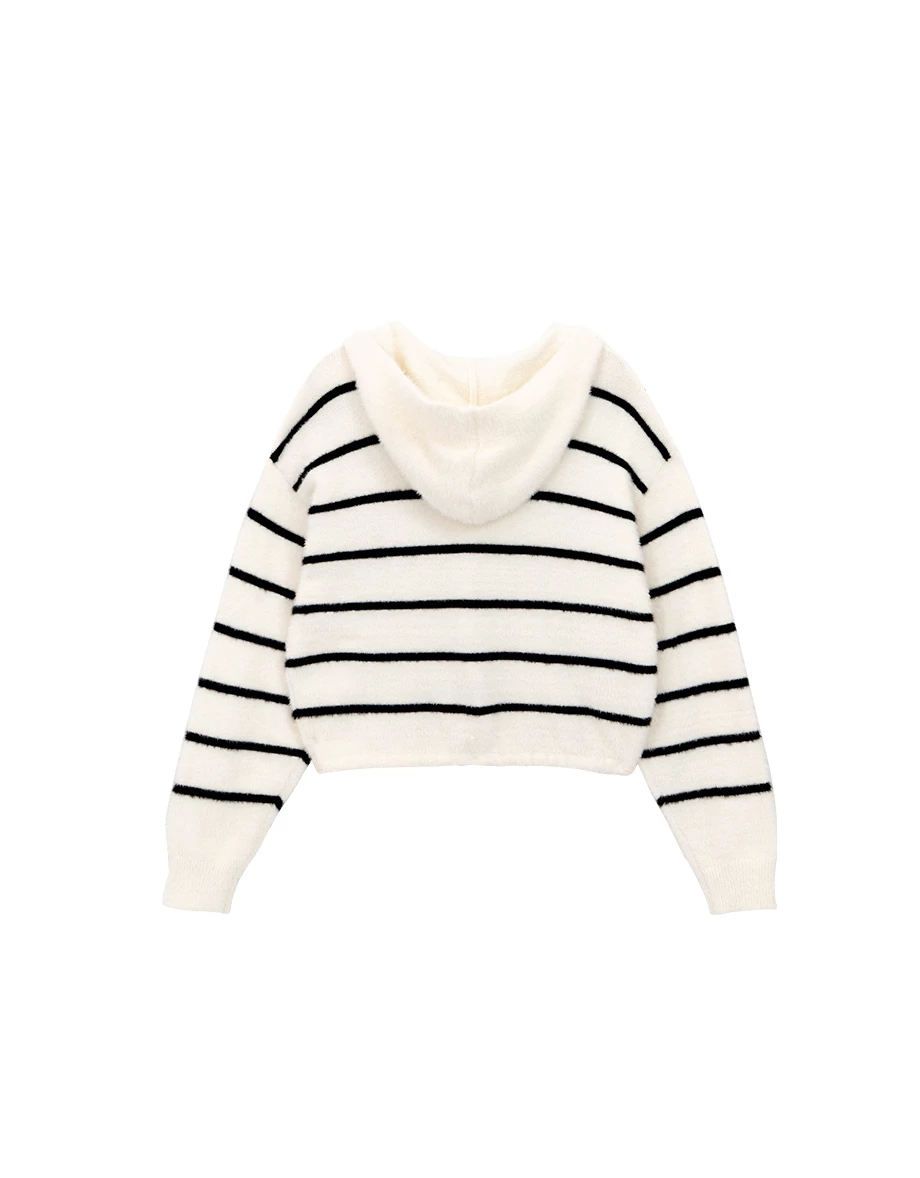 Soft Fluffy V Neck Stripe Button Hooded Cardigan Soft Fluffy V Neck Stripe Button Hooded Cardigan