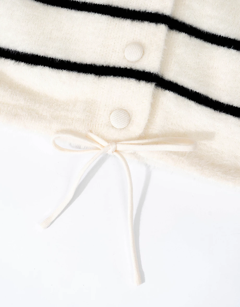 Soft Fluffy V Neck Stripe Button Hooded Cardigan Soft Fluffy V Neck Stripe Button Hooded Cardigan