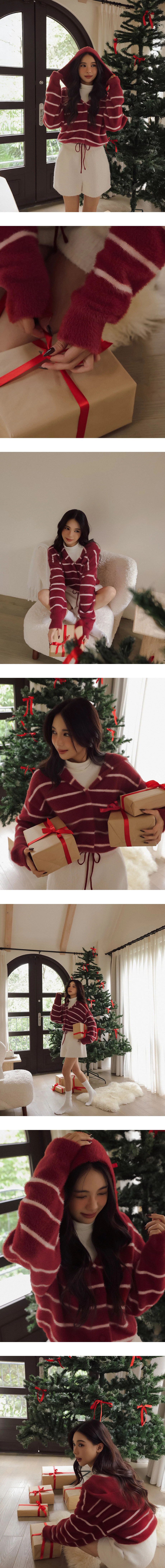 Soft Fluffy V Neck Stripe Button Hooded Cardigan Soft Fluffy V Neck Stripe Button Hooded Cardigan