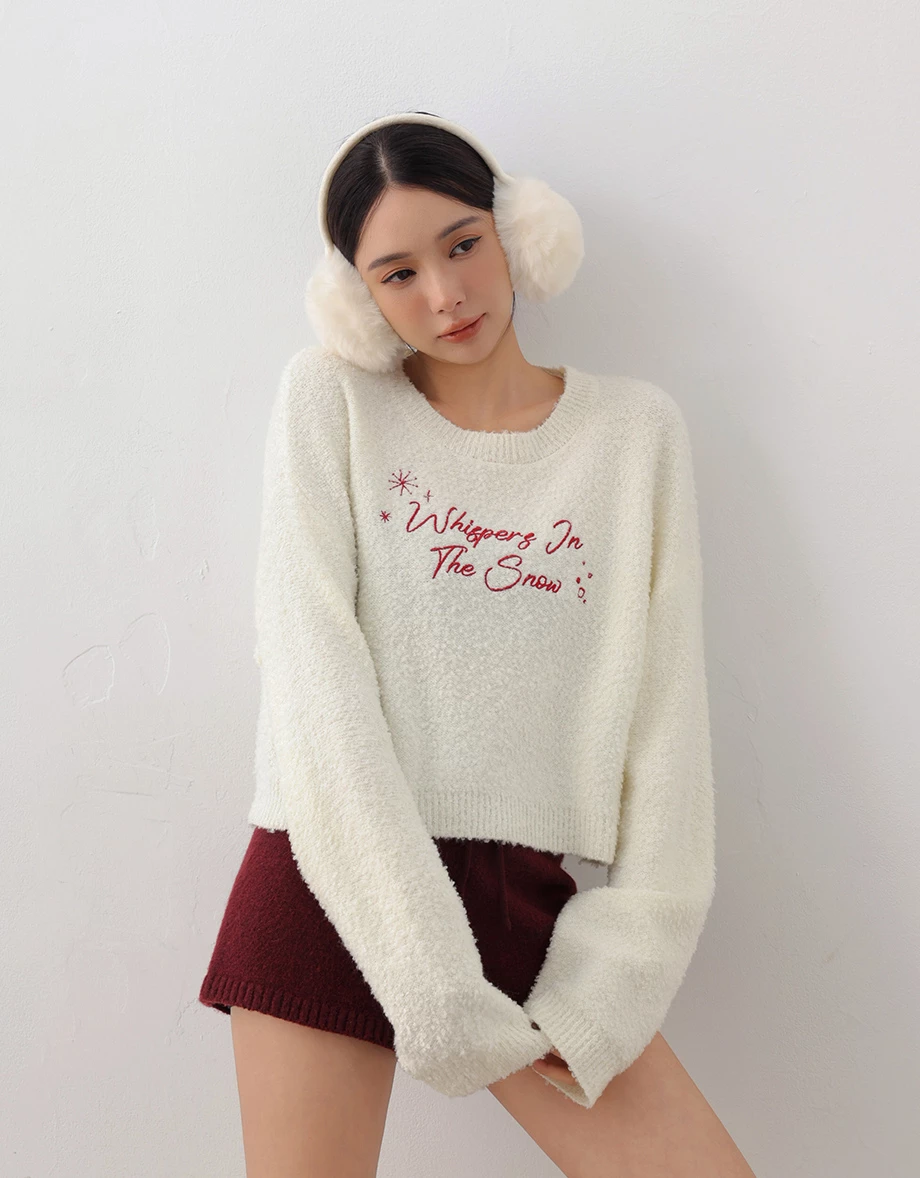Crew Neck Fluffy Embroidered Motif Sweater Crew Neck Fluffy Embroidered Motif Sweater