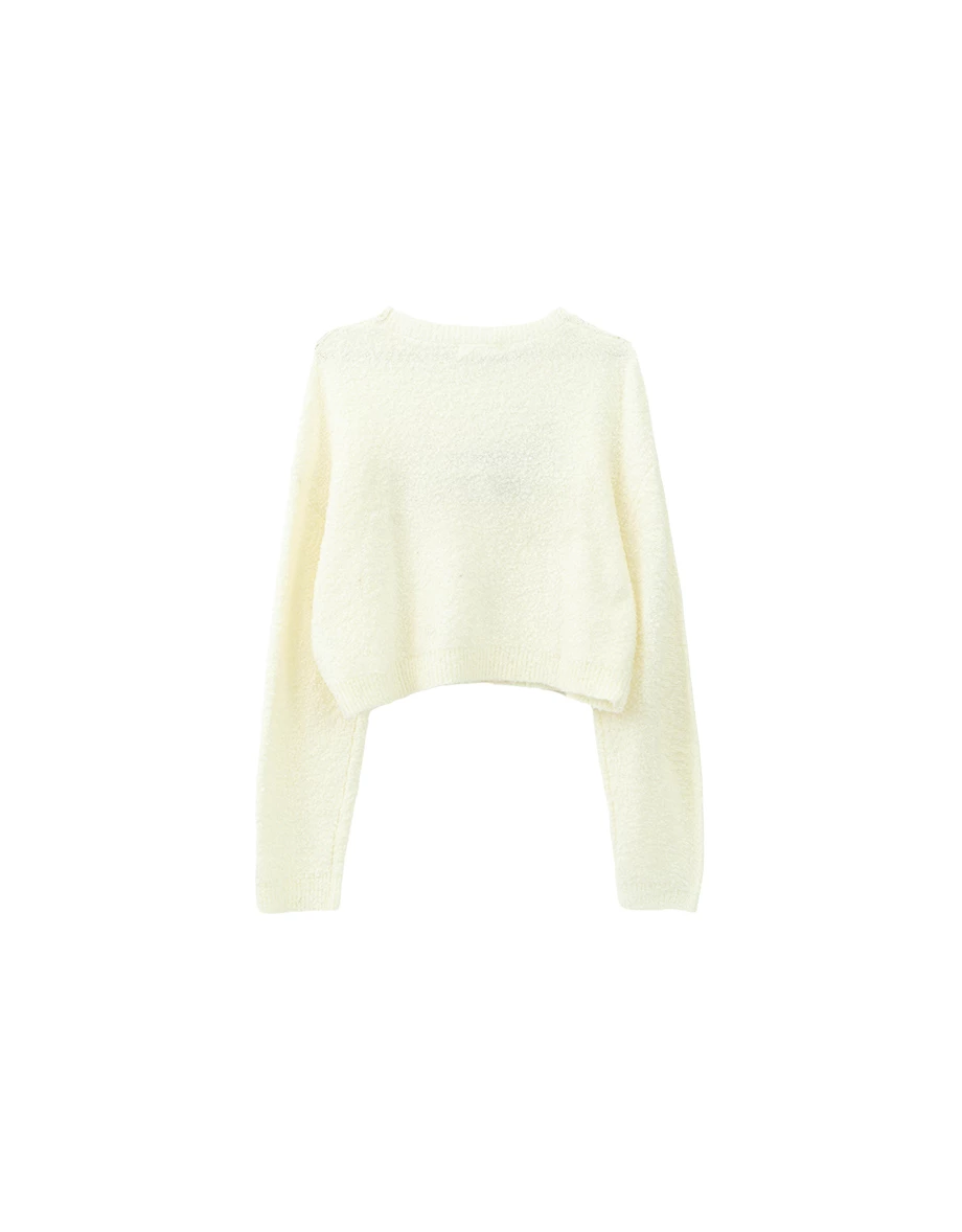 Crew Neck Fluffy Embroidered Motif Sweater Crew Neck Fluffy Embroidered Motif Sweater