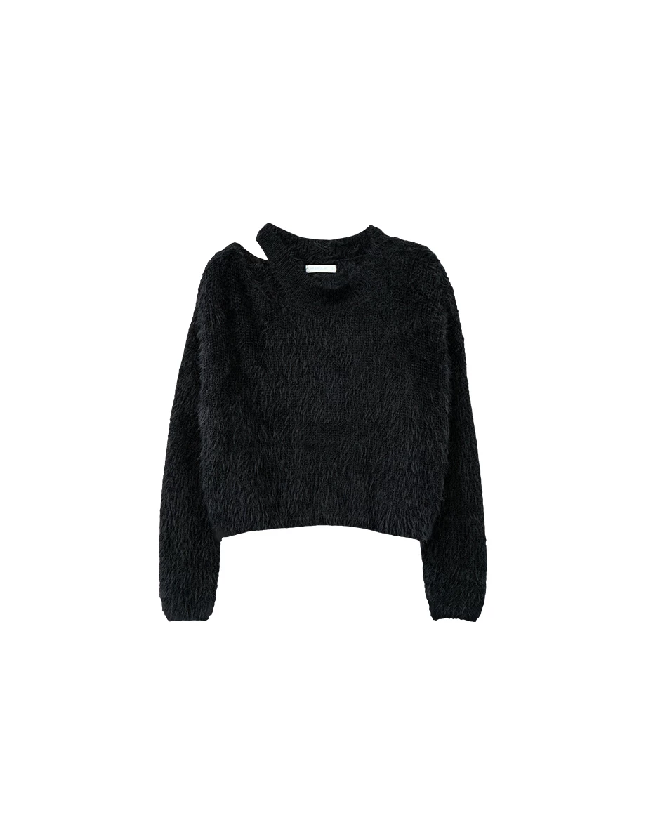 Soft Fuzzy Asymmetric Cut Out Shoulder Sweater