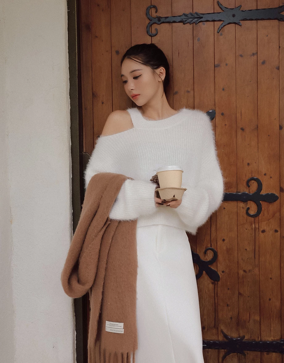 Soft Fuzzy Asymmetric Cut Out Shoulder Sweater Soft Fuzzy Asymmetric Cut Out Shoulder Sweater