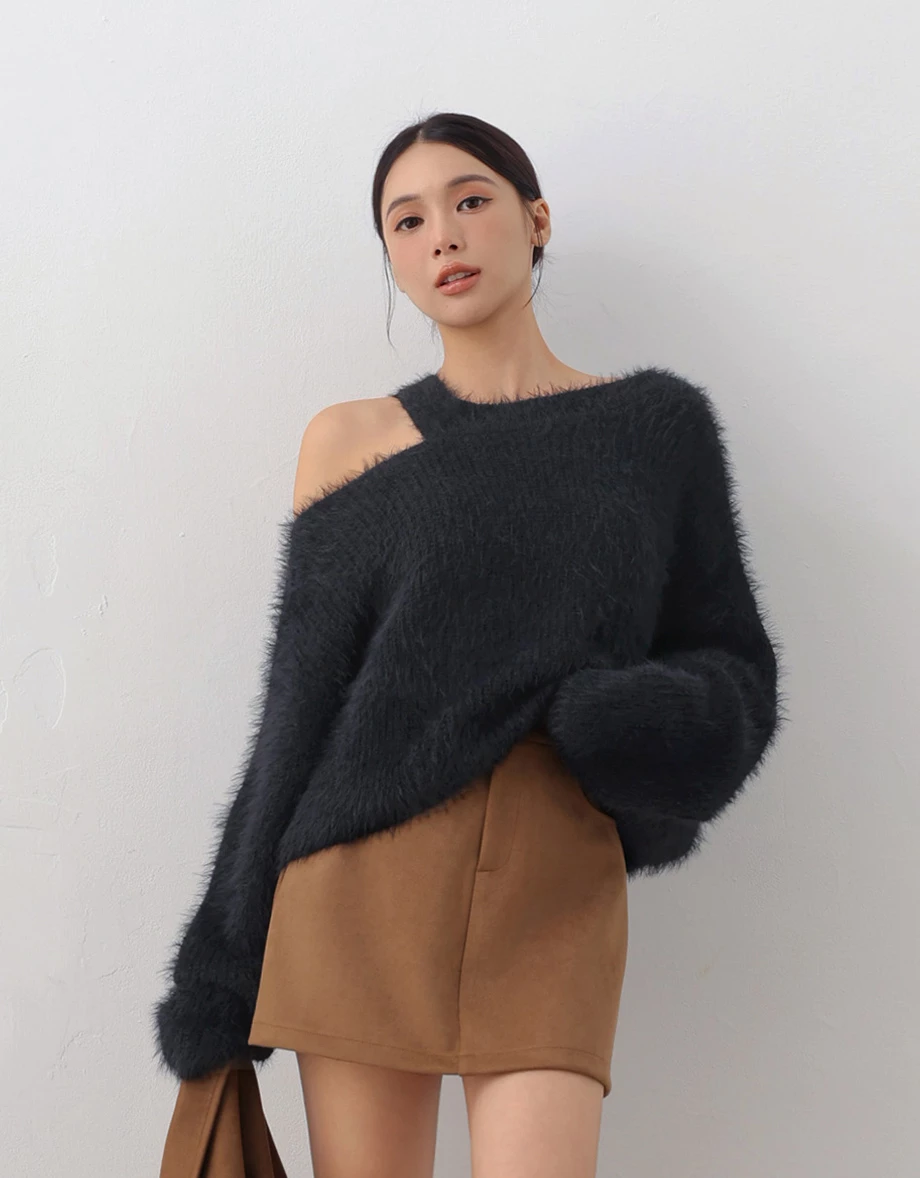 Soft Fuzzy Asymmetric Cut Out Shoulder Sweater Soft Fuzzy Asymmetric Cut Out Shoulder Sweater