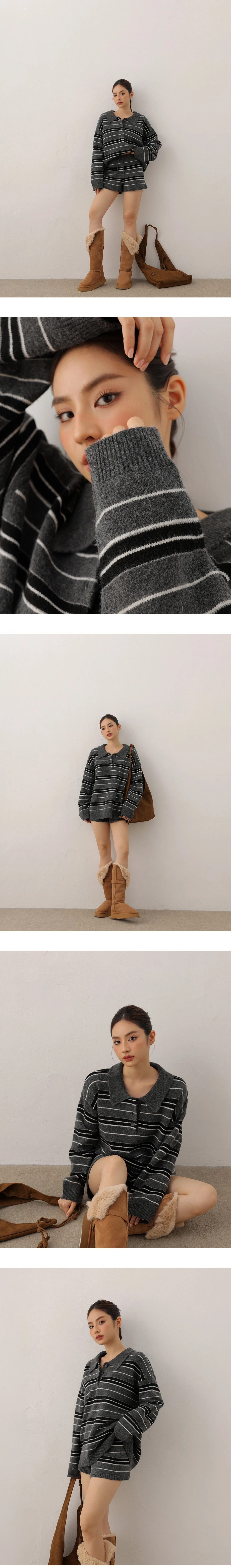 Oversized Cozy Fuzzy Knit Polo Sweater (Solid/Striped) Oversized Cozy Fuzzy Knit Polo Sweater (Solid/Striped)