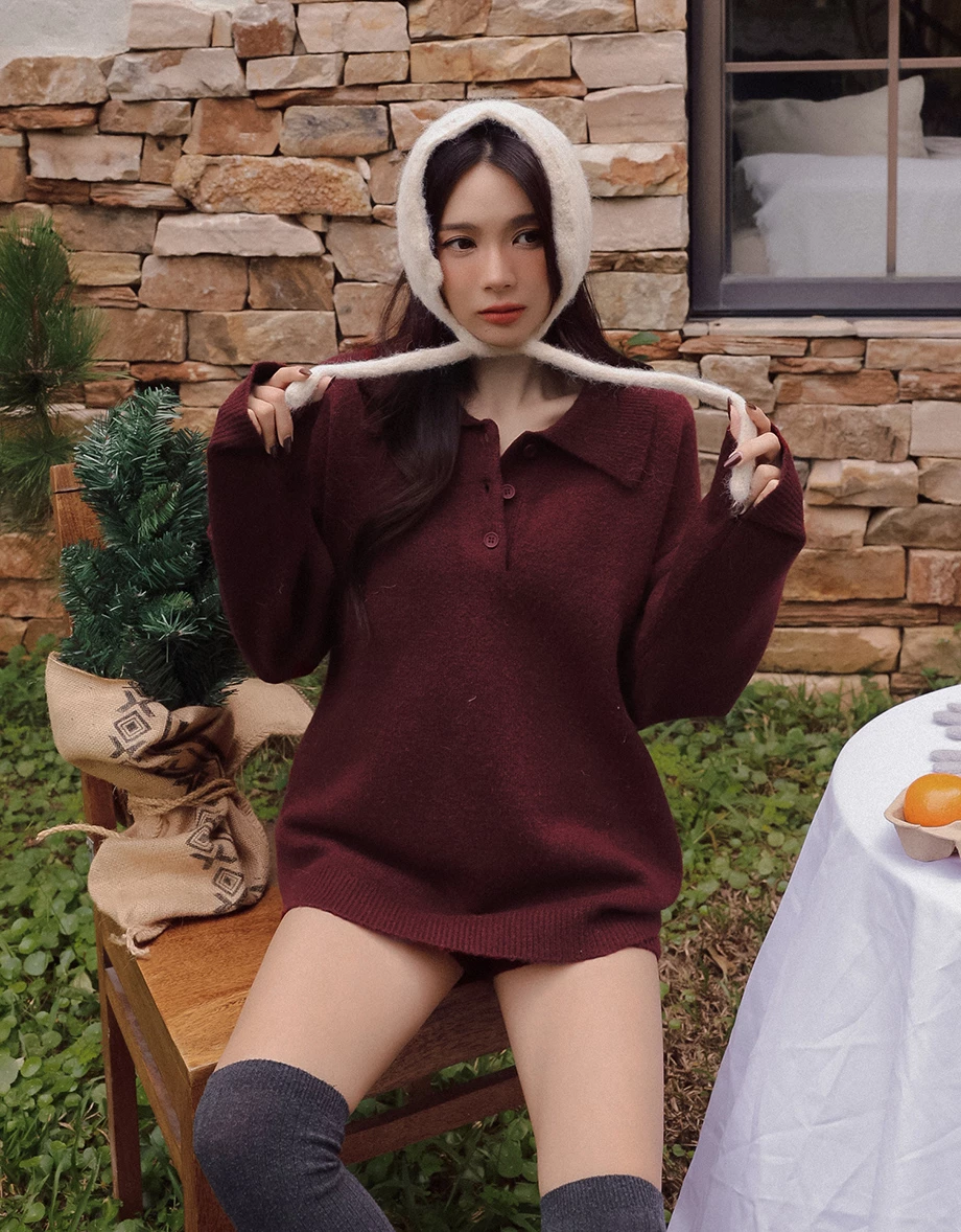 Oversized Cozy Fuzzy Knit Polo Sweater (Solid/Striped) Oversized Cozy Fuzzy Knit Polo Sweater (Solid/Striped)