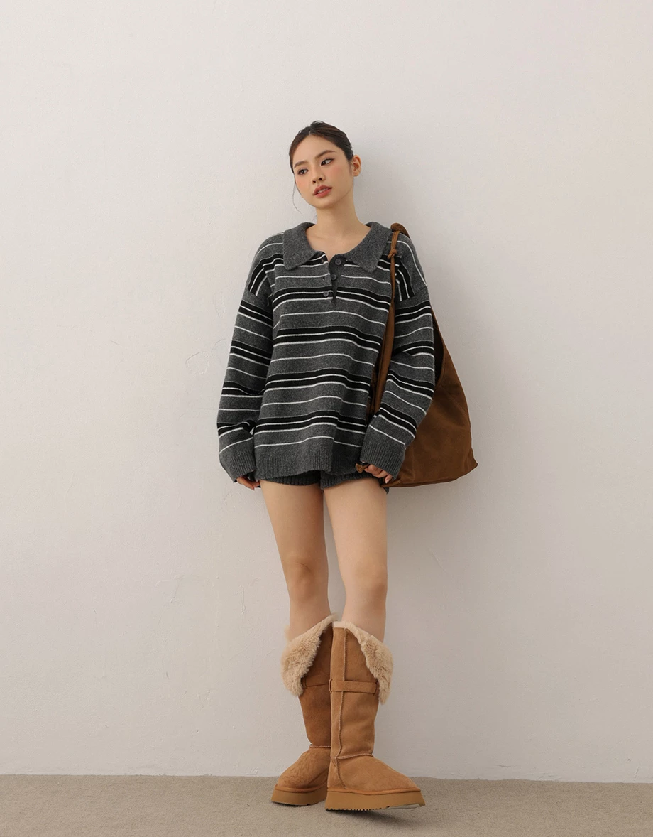 Oversized Cozy Fuzzy Knit Polo Sweater (Solid/Striped) Oversized Cozy Fuzzy Knit Polo Sweater (Solid/Striped)