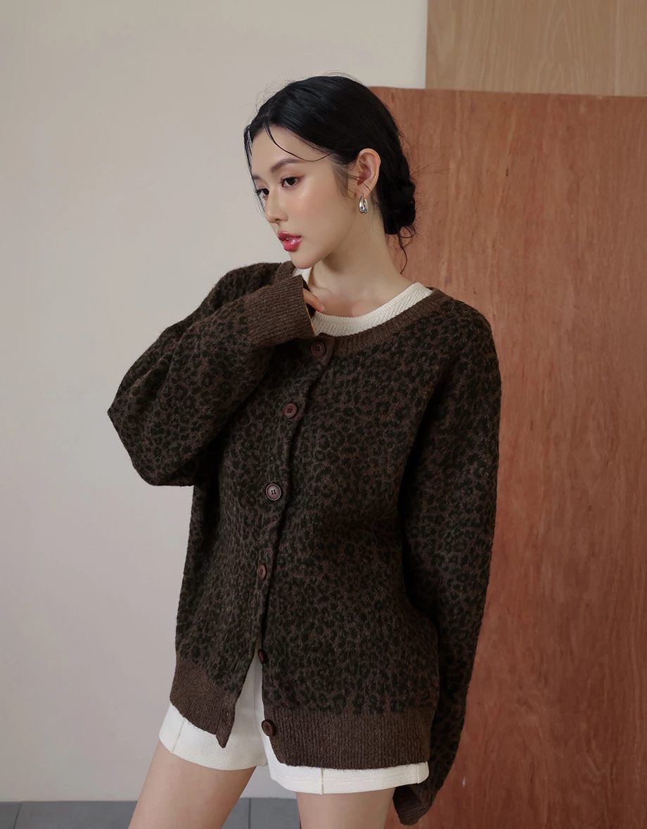 Soft Fluffy Leopard Print Knit Button Down Cardigan