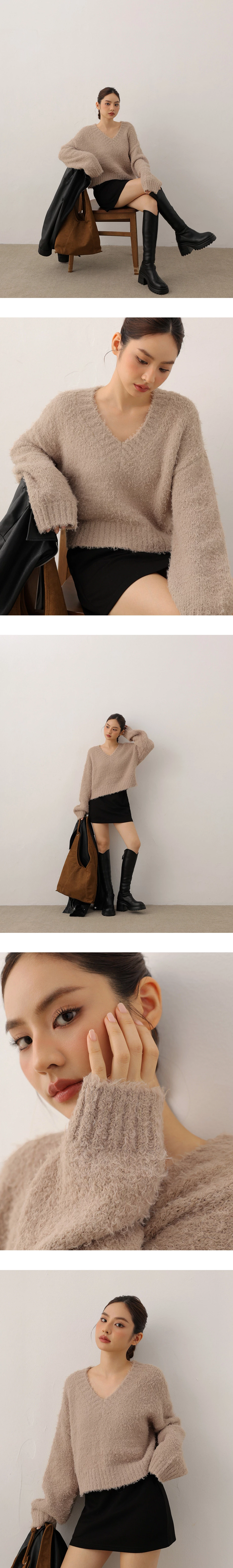 Fluffy Knit V Neck Pullover Sweater