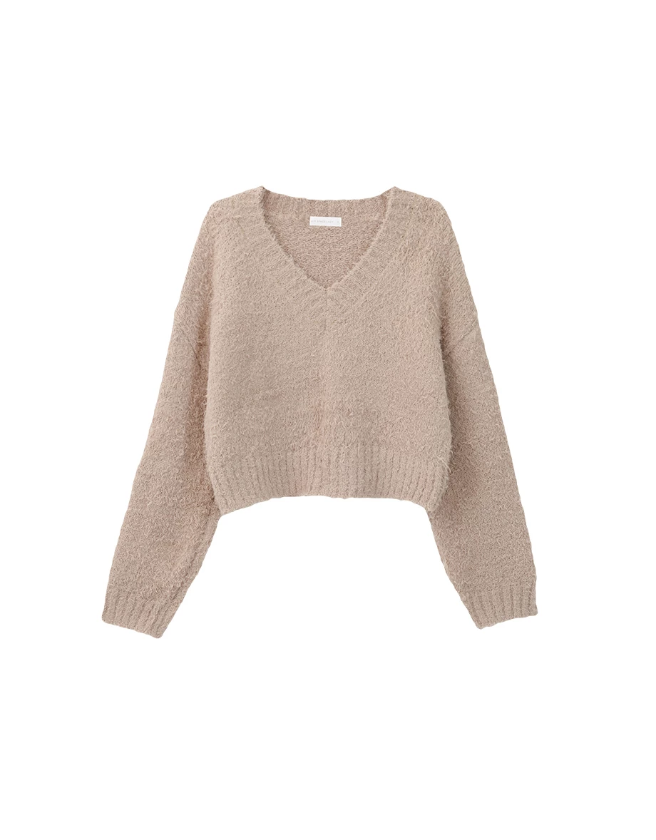 Fluffy Knit V Neck Pullover Sweater