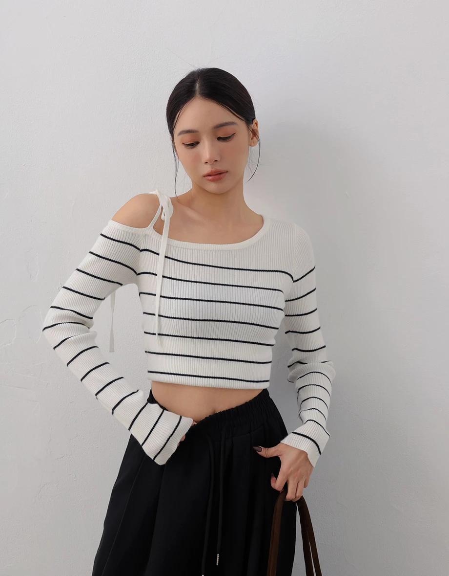 Tie Strap One Shoulder Stripe Ribbed Knit Fitted Top Tie Strap One Shoulder Stripe Ribbed Knit Fitted Top