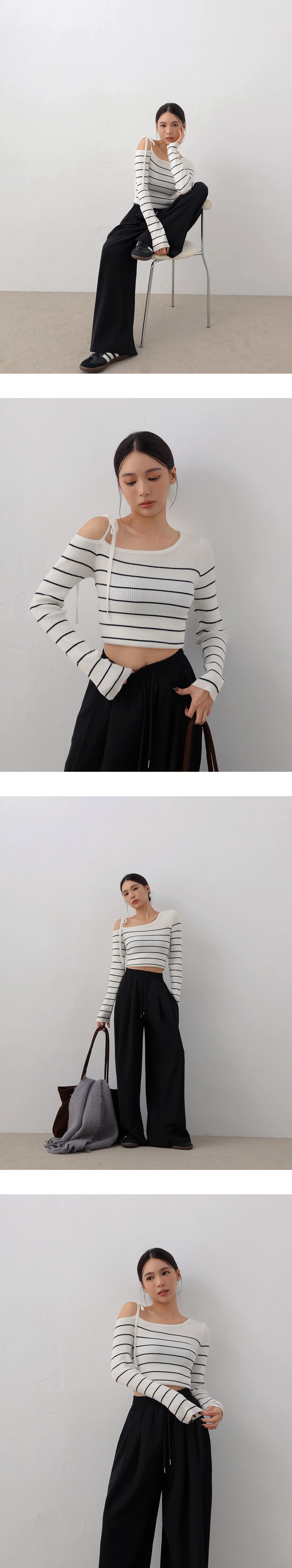 Tie Strap One Shoulder Stripe Ribbed Knit Fitted Top