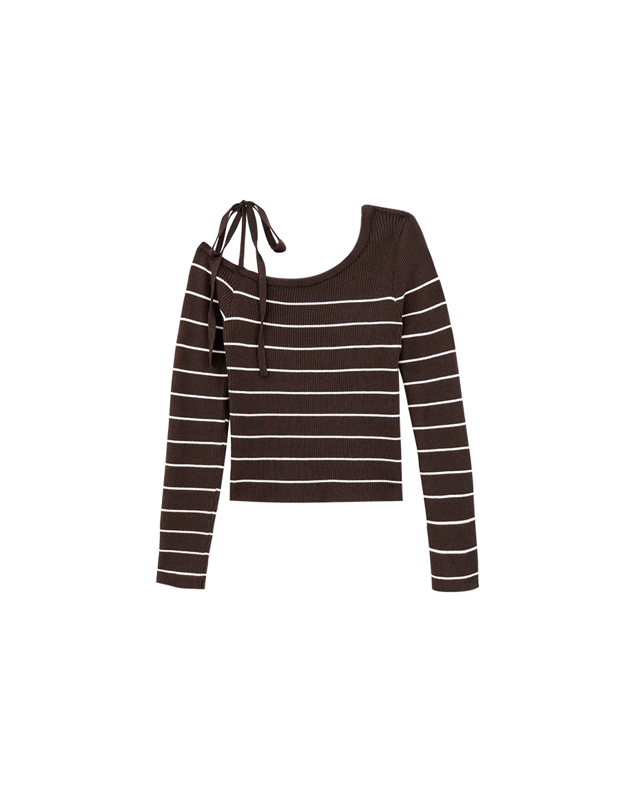 Tie Strap One Shoulder Stripe Ribbed Knit Fitted Top
