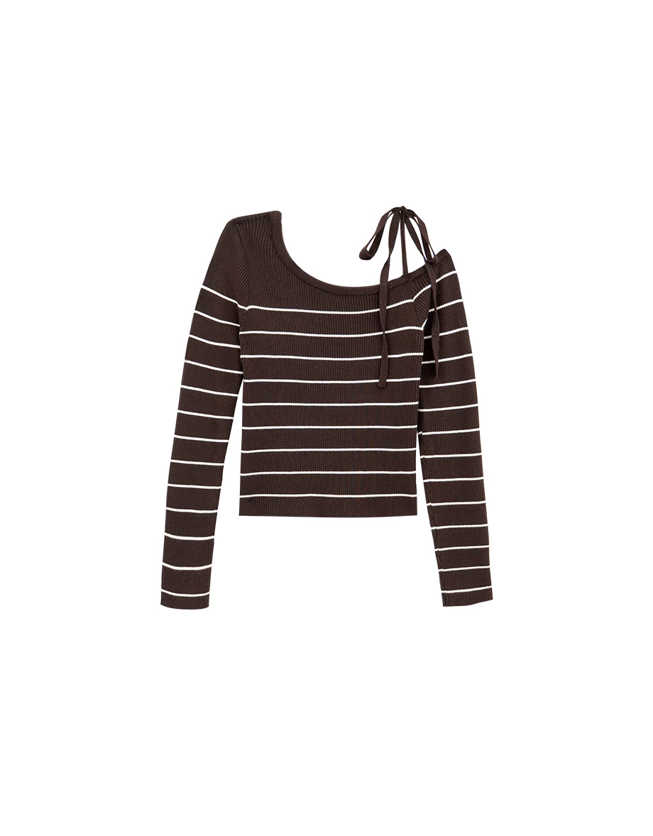 Tie Strap One Shoulder Stripe Ribbed Knit Fitted Top