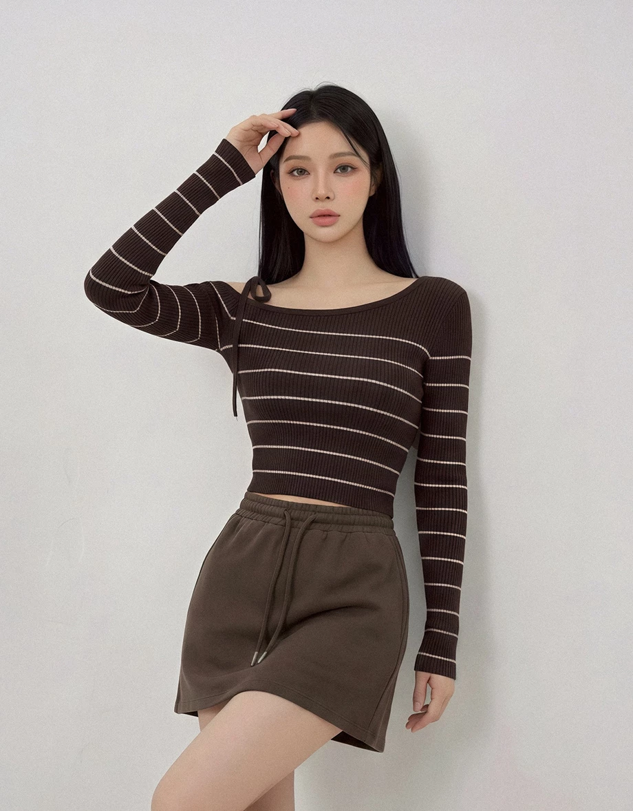 Tie Strap One Shoulder Stripe Ribbed Knit Fitted Top Tie Strap One Shoulder Stripe Ribbed Knit Fitted Top
