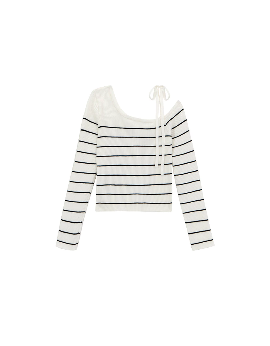 Tie Strap One Shoulder Stripe Ribbed Knit Fitted Top