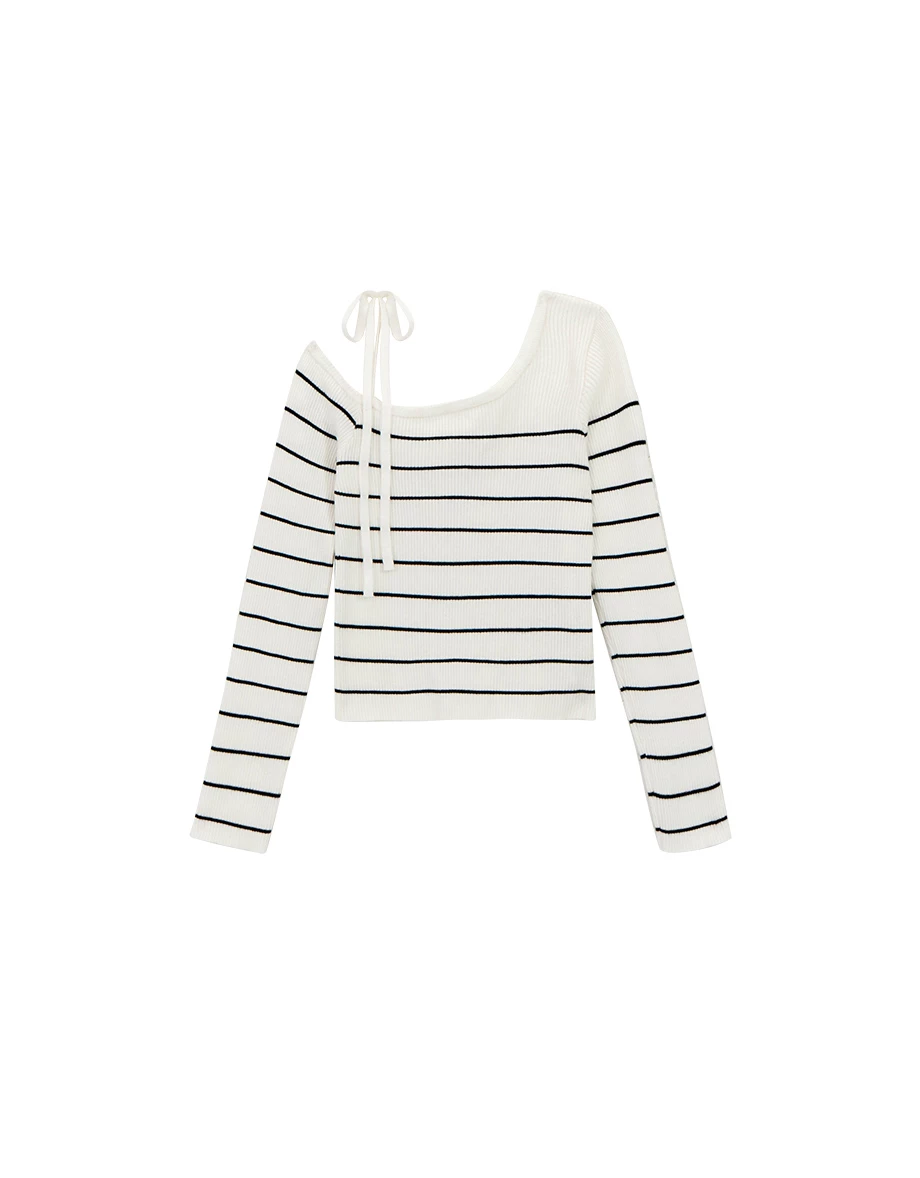 Tie Strap One Shoulder Stripe Ribbed Knit Fitted Top