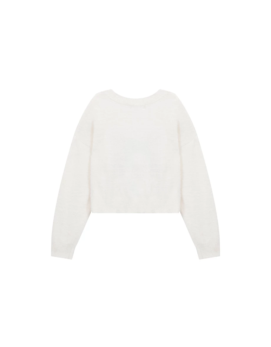 Convertible Neckline Oversized Fuzzy Knit Sweater with Bow Embroidery