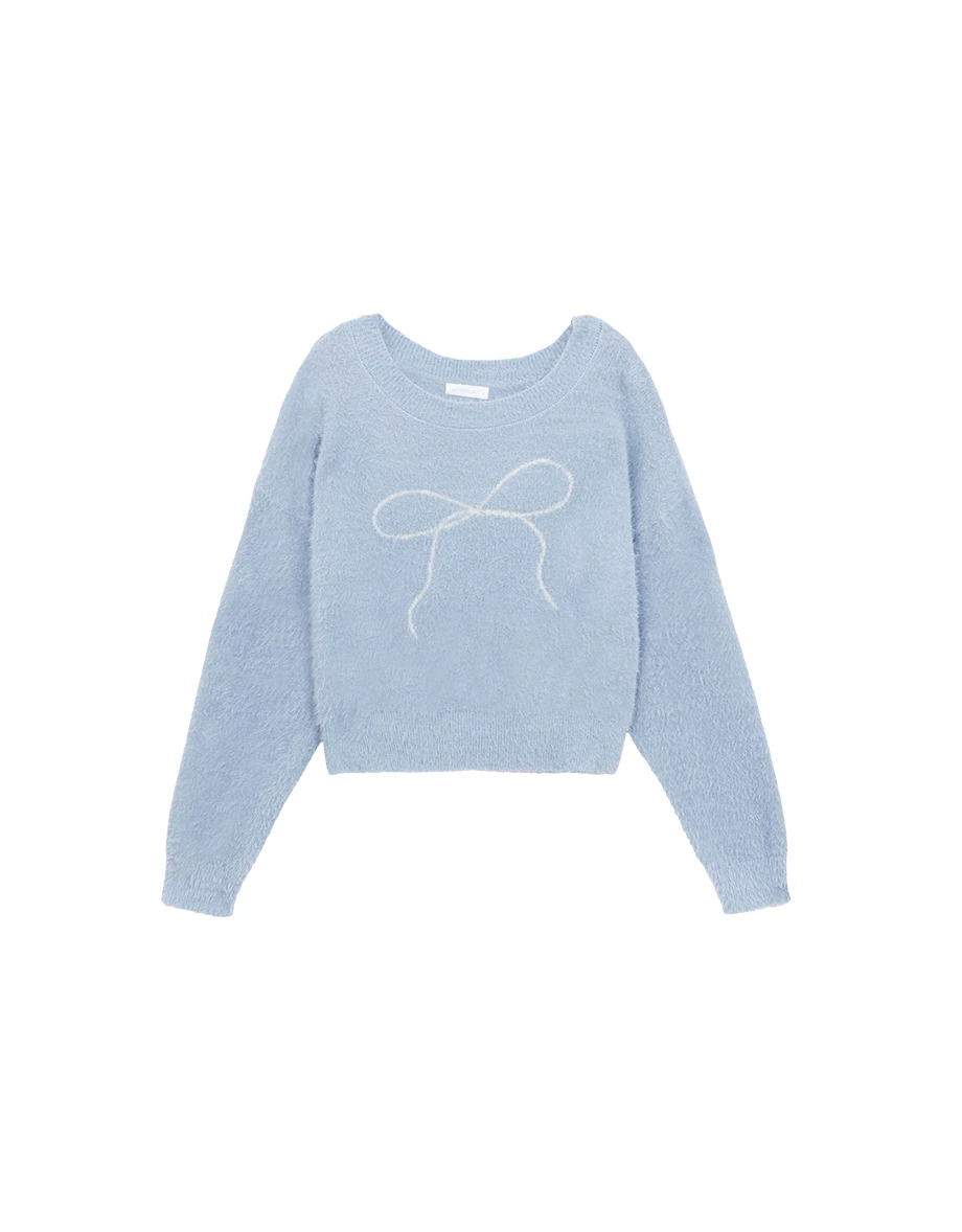 Convertible Neckline Oversized Fuzzy Knit Sweater with Bow Embroidery