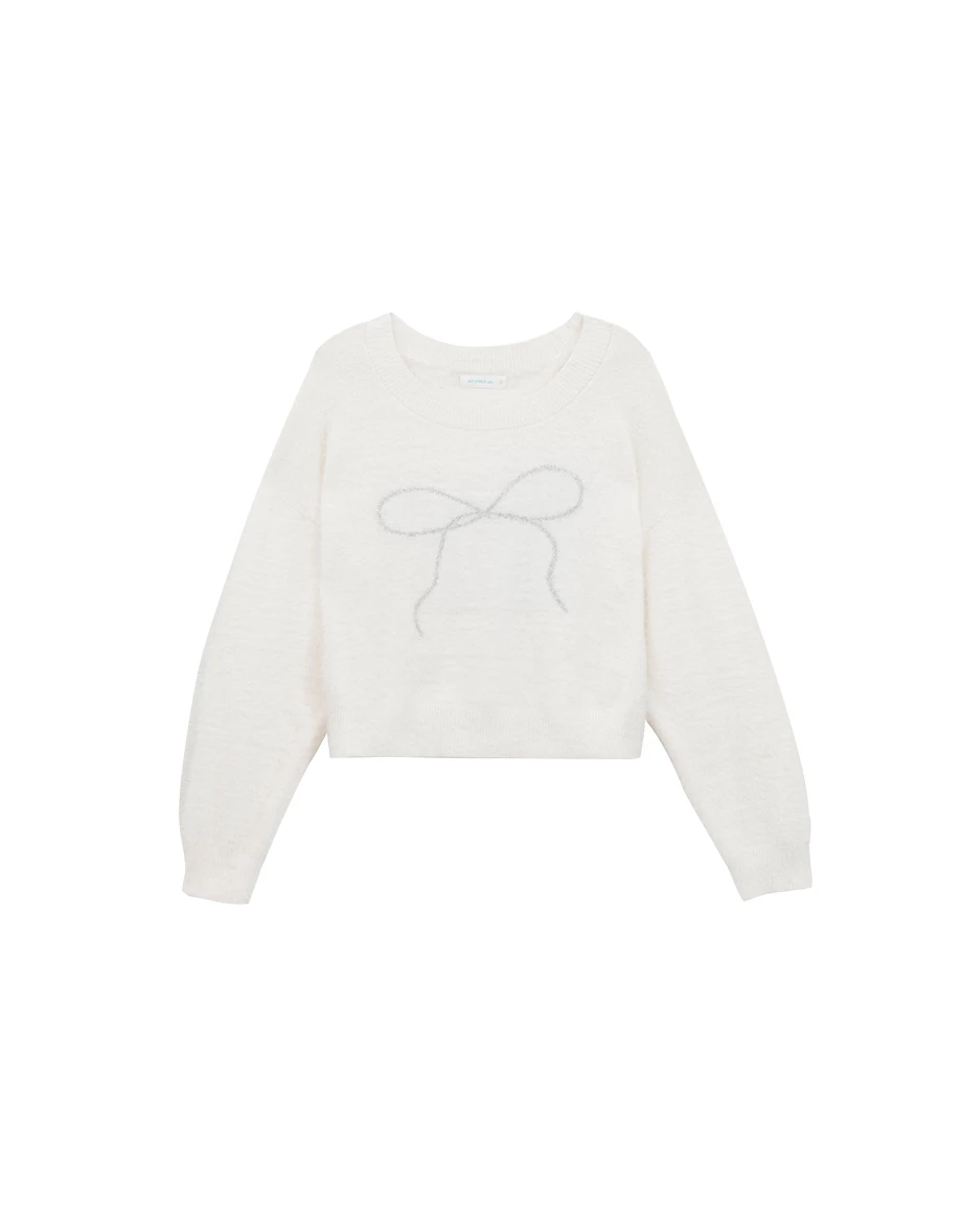 Convertible Neckline Oversized Fuzzy Knit Sweater with Bow Embroidery
