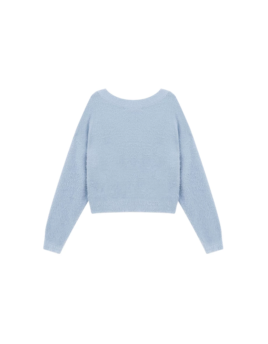 Convertible Neckline Oversized Fuzzy Knit Sweater with Bow Embroidery Convertible Neckline Oversized Fuzzy Knit Sweater with Bow Embroidery