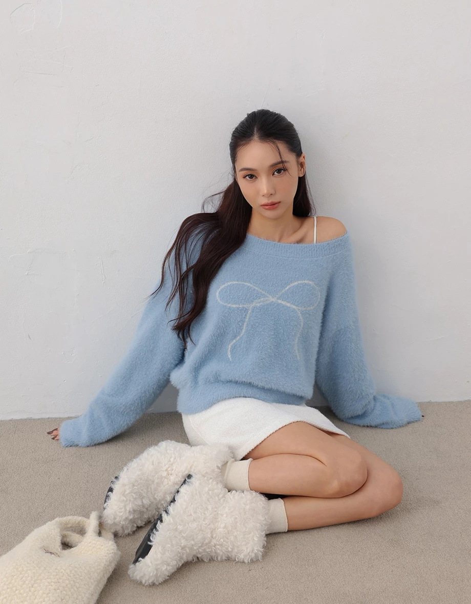 Convertible Neckline Oversized Fuzzy Knit Sweater with Bow Embroidery Convertible Neckline Oversized Fuzzy Knit Sweater with Bow Embroidery
