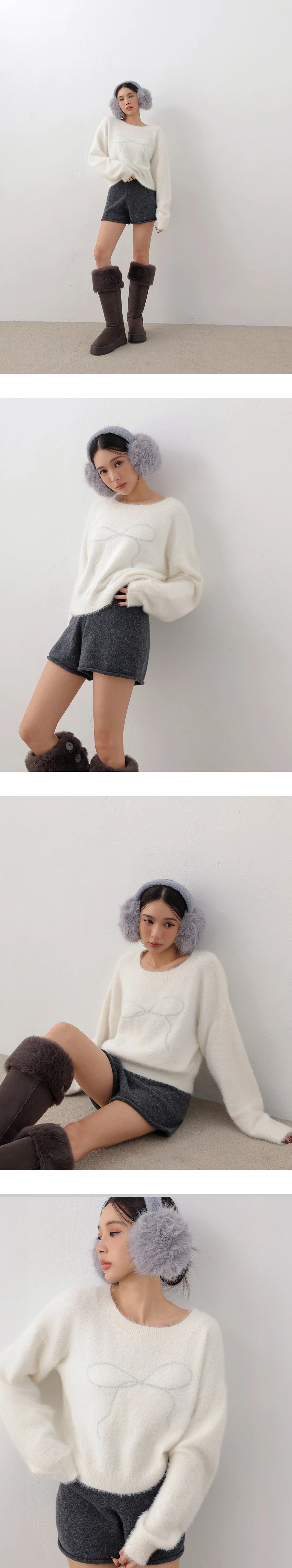 Convertible Neckline Oversized Fuzzy Knit Sweater with Bow Embroidery