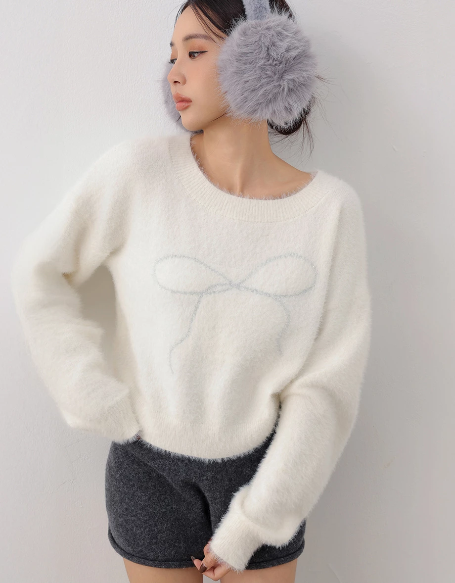 Convertible Neckline Oversized Fuzzy Knit Sweater with Bow Embroidery