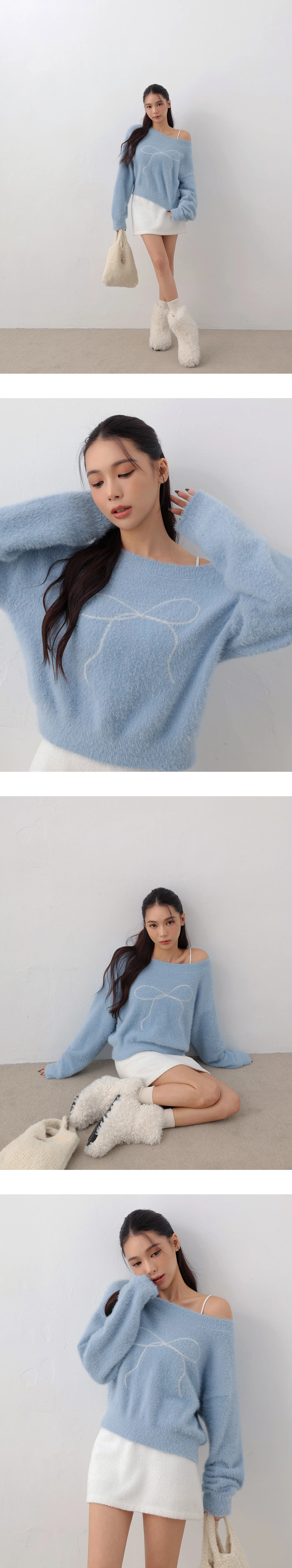 Convertible Neckline Oversized Fuzzy Knit Sweater with Bow Embroidery Convertible Neckline Oversized Fuzzy Knit Sweater with Bow Embroidery
