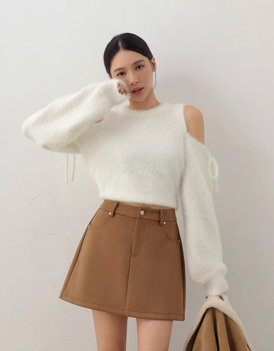 Soft Fuzzy Tie Detail Cold Shoulder Knit Top Soft Fuzzy Tie Detail Cold Shoulder Knit Top