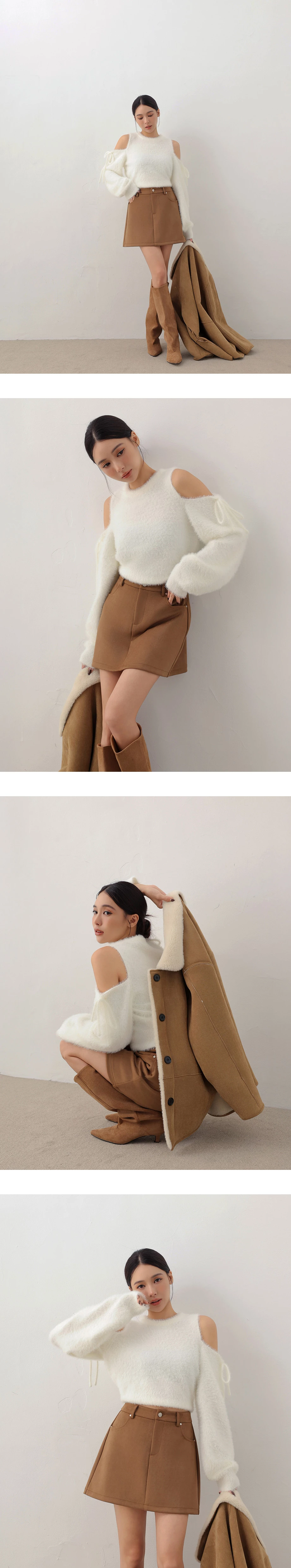 Soft Fuzzy Tie Detail Cold Shoulder Knit Top Soft Fuzzy Tie Detail Cold Shoulder Knit Top