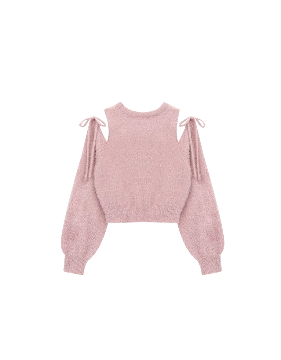 Soft Fuzzy Tie Detail Cold Shoulder Knit Top Soft Fuzzy Tie Detail Cold Shoulder Knit Top