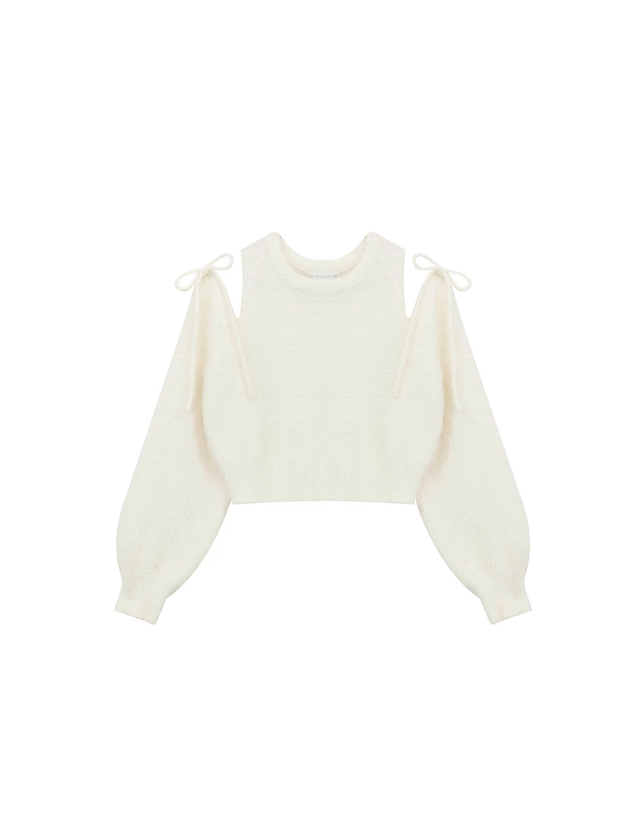 Soft Fuzzy Tie Detail Cold Shoulder Knit Top Soft Fuzzy Tie Detail Cold Shoulder Knit Top