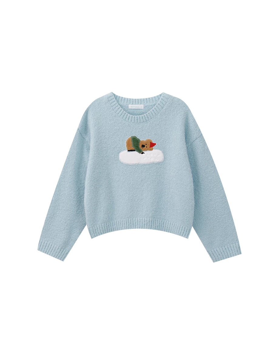 【DINOTAENG】Round Neck Crop Top Knit Sweater With Patch 【DINOTAENG】Round Neck Crop Top Knit Sweater With Patch