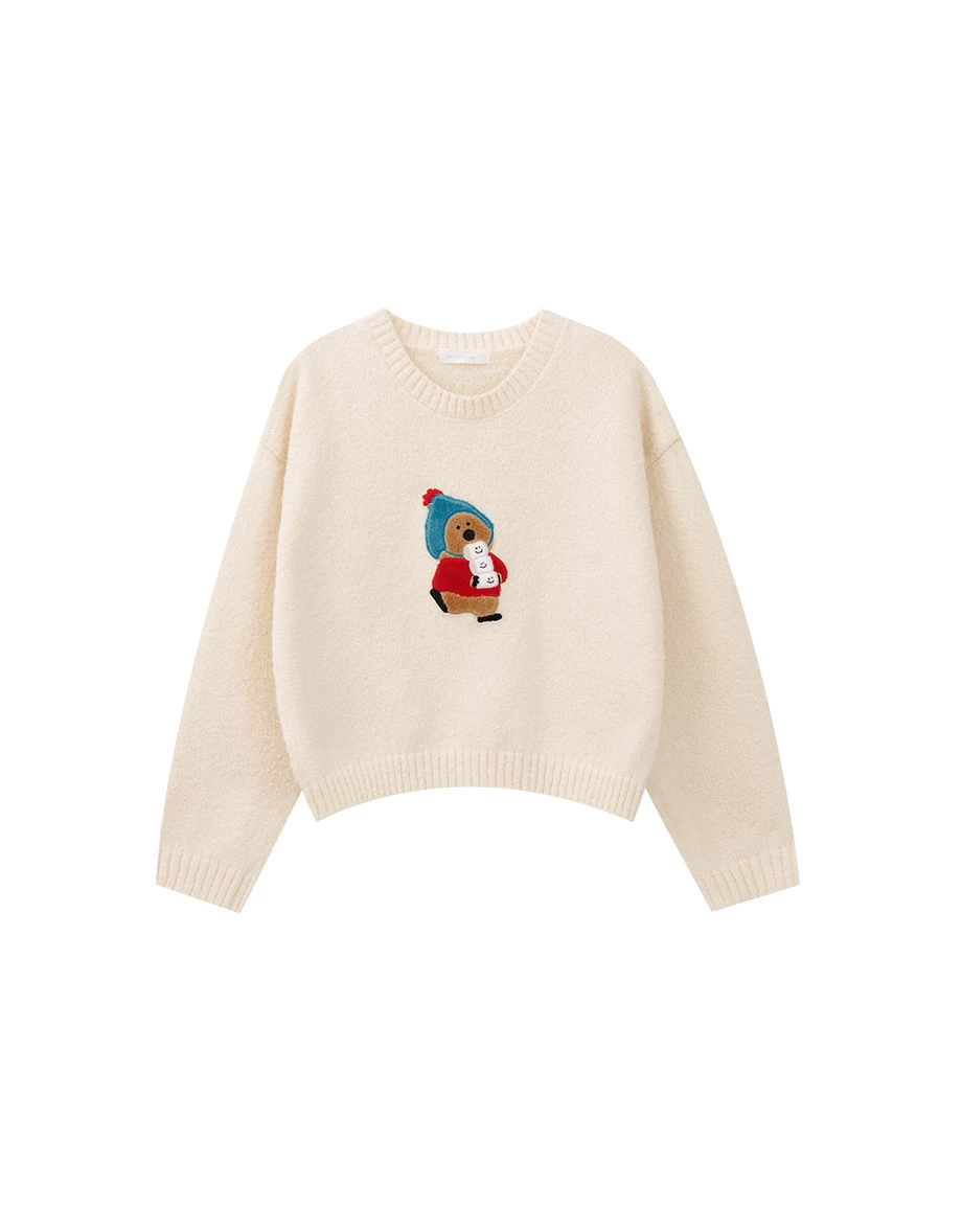 【DINOTAENG】Round Neck Crop Top Knit Sweater With Patch 【DINOTAENG】Round Neck Crop Top Knit Sweater With Patch