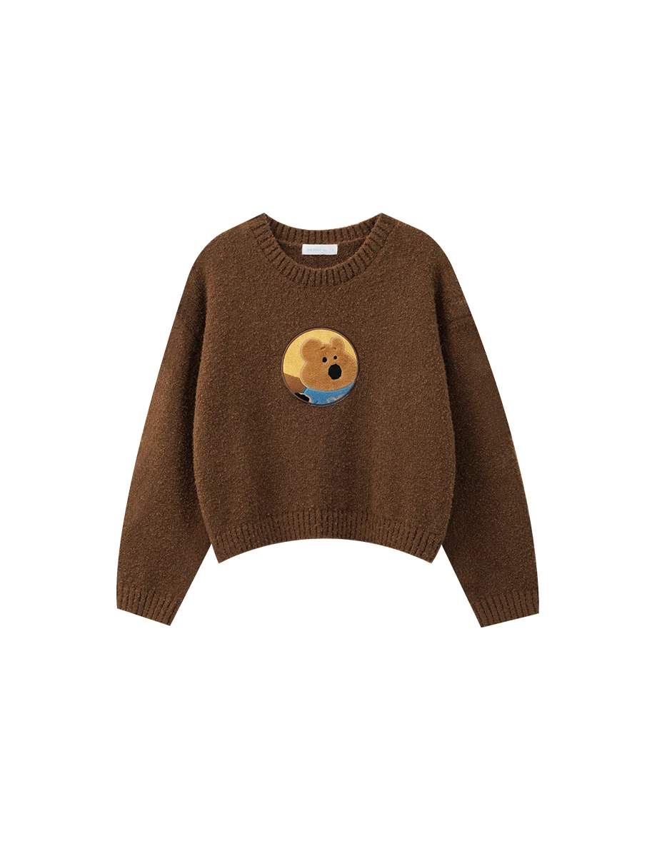 【DINOTAENG】Round Neck Crop Top Knit Sweater With Patch 【DINOTAENG】Round Neck Crop Top Knit Sweater With Patch