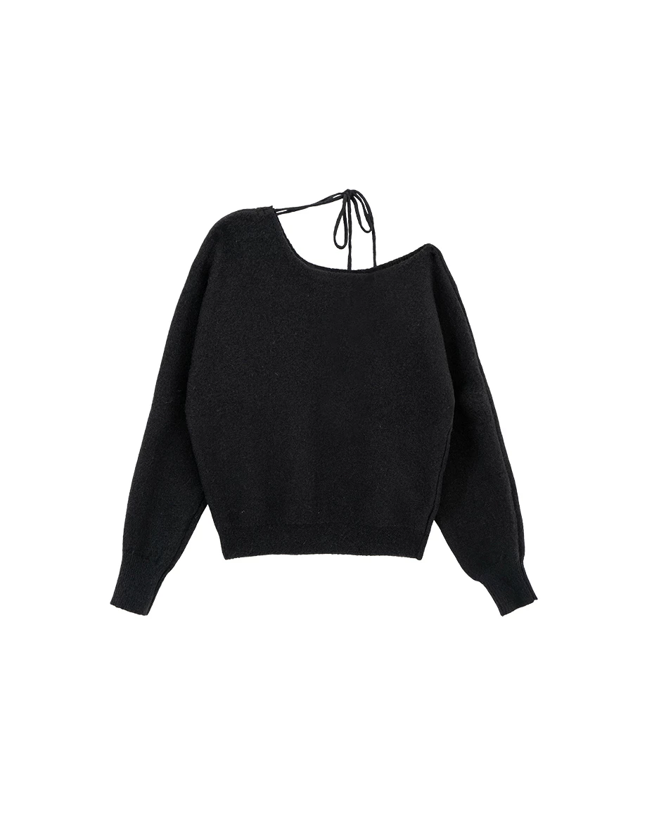 Soft Fuzzy Asymmetric Shoulder Tie Neck Knit Sweater Soft Fuzzy Asymmetric Shoulder Tie Neck Knit Sweater