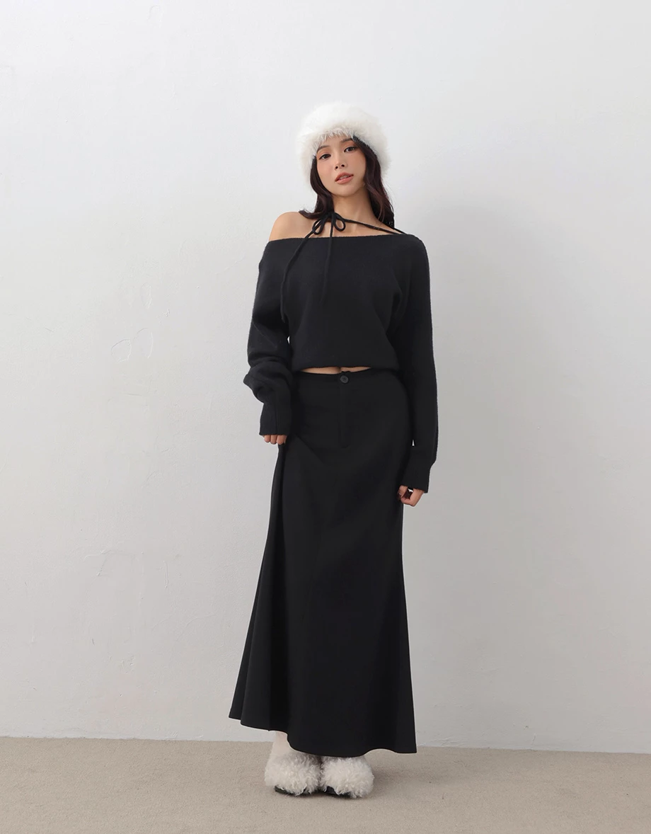 Soft Fuzzy Asymmetric Shoulder Tie Neck Knit Sweater Soft Fuzzy Asymmetric Shoulder Tie Neck Knit Sweater