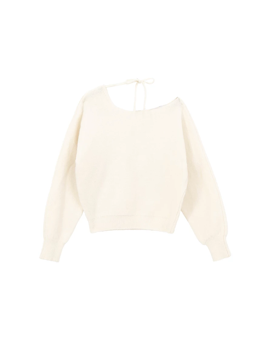Soft Fuzzy Asymmetric Shoulder Tie Neck Knit Sweater Soft Fuzzy Asymmetric Shoulder Tie Neck Knit Sweater