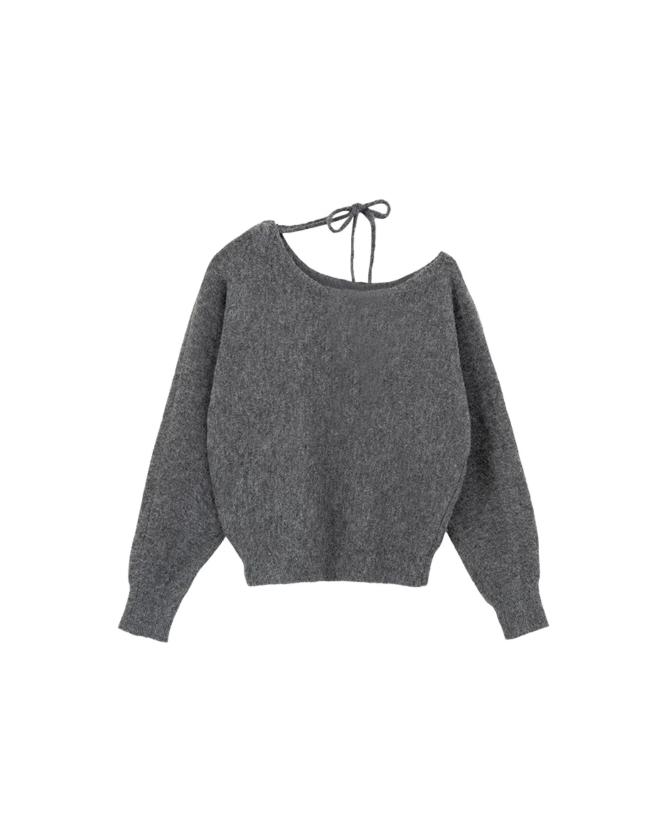 Soft Fuzzy Asymmetric Shoulder Tie Neck Knit Sweater Soft Fuzzy Asymmetric Shoulder Tie Neck Knit Sweater