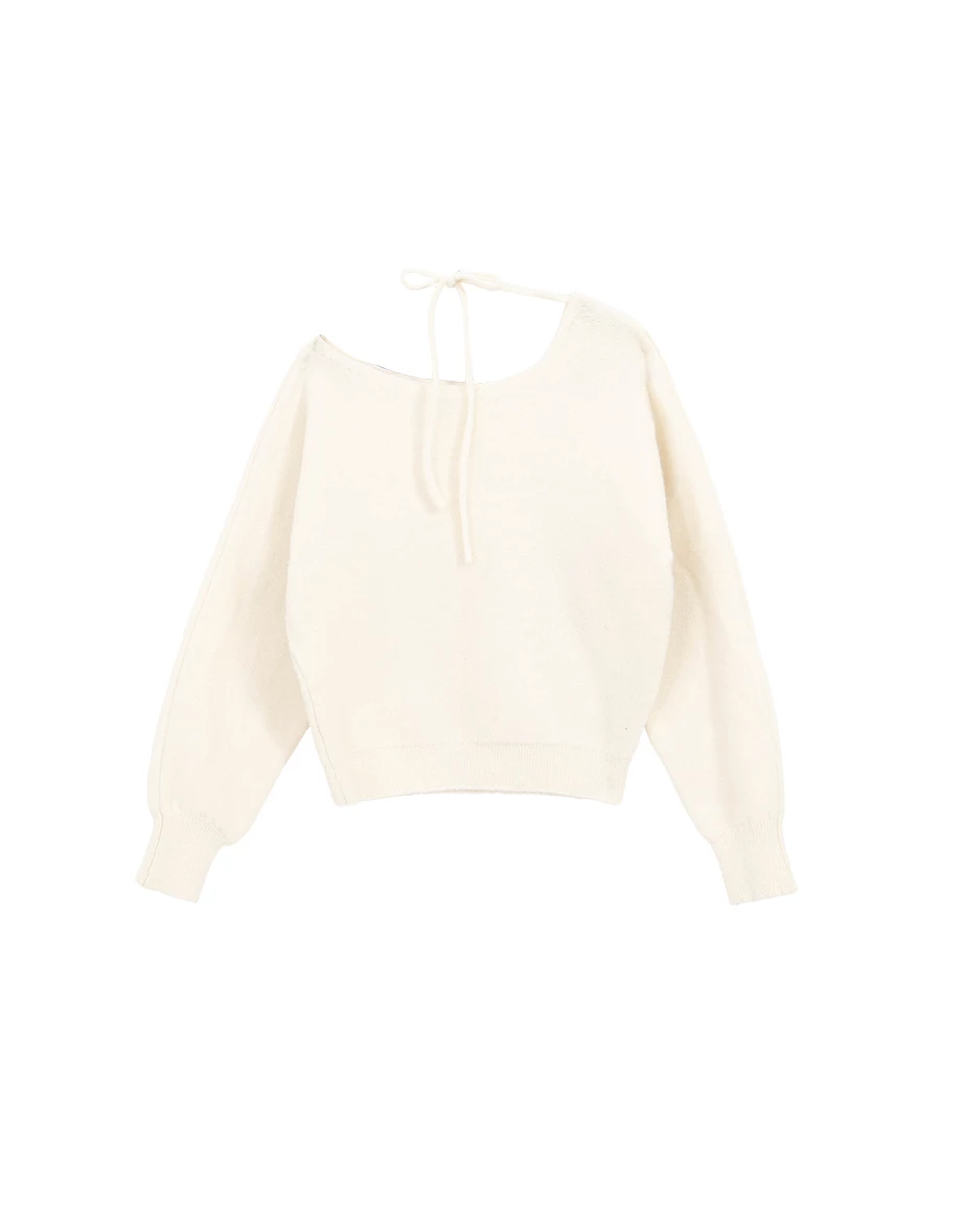 Soft Fuzzy Asymmetric Shoulder Tie Neck Knit Sweater Soft Fuzzy Asymmetric Shoulder Tie Neck Knit Sweater