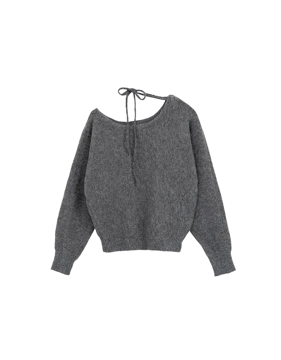 Soft Fuzzy Asymmetric Shoulder Tie Neck Knit Sweater Soft Fuzzy Asymmetric Shoulder Tie Neck Knit Sweater