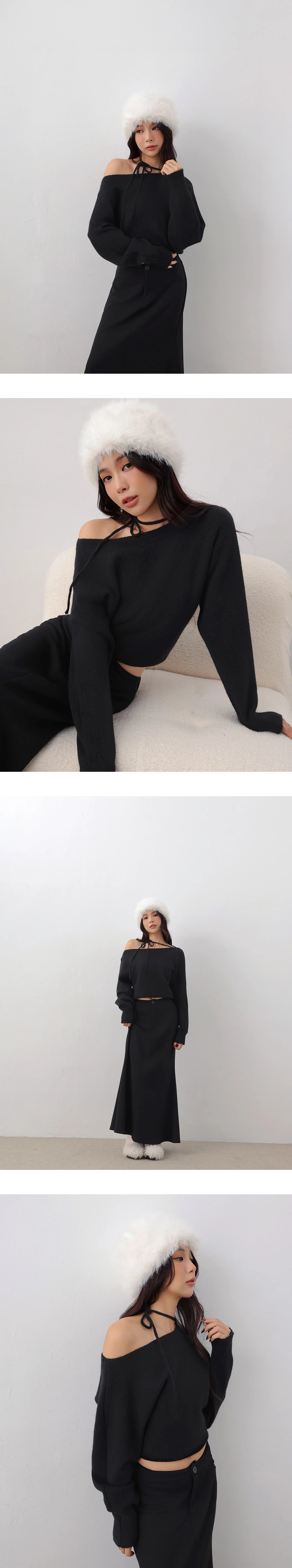 Soft Fuzzy Asymmetric Shoulder Tie Neck Knit Sweater Soft Fuzzy Asymmetric Shoulder Tie Neck Knit Sweater