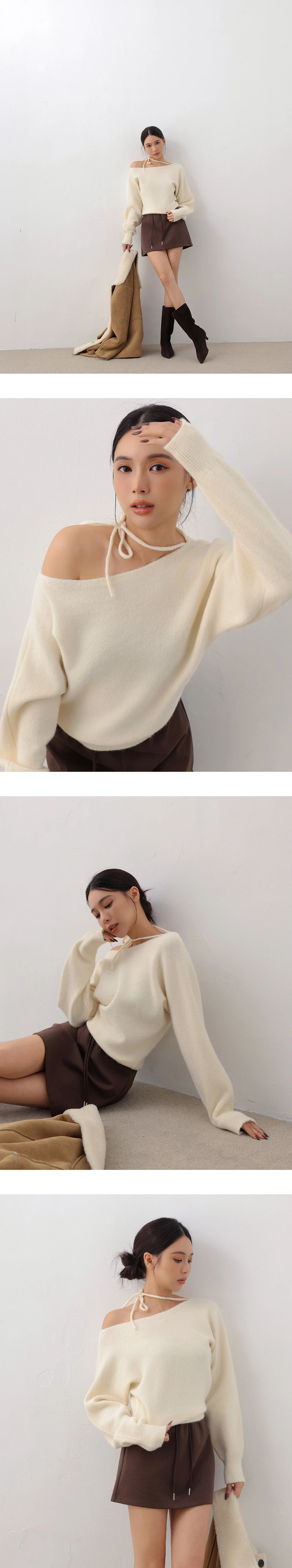Soft Fuzzy Asymmetric Shoulder Tie Neck Knit Sweater Soft Fuzzy Asymmetric Shoulder Tie Neck Knit Sweater
