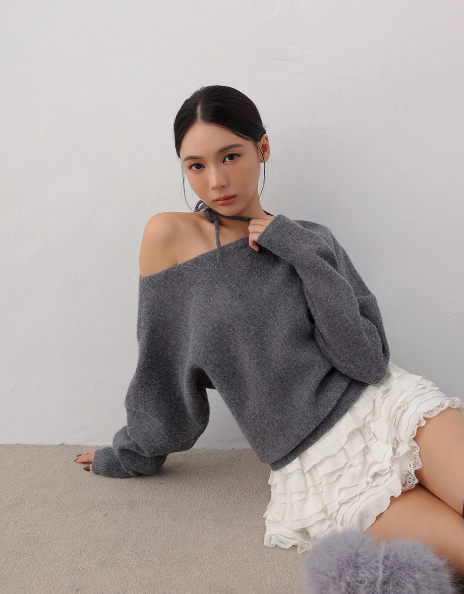 Soft Fuzzy Asymmetric Shoulder Tie Neck Knit Sweater Soft Fuzzy Asymmetric Shoulder Tie Neck Knit Sweater